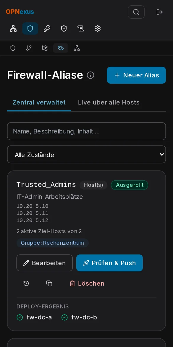 Zentrale Aliase mit Host-, Netz- und Port-Objekten