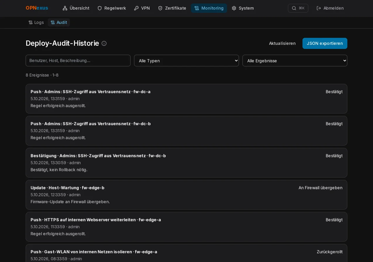 Audit-Verlauf mit Deploy-Ergebnissen