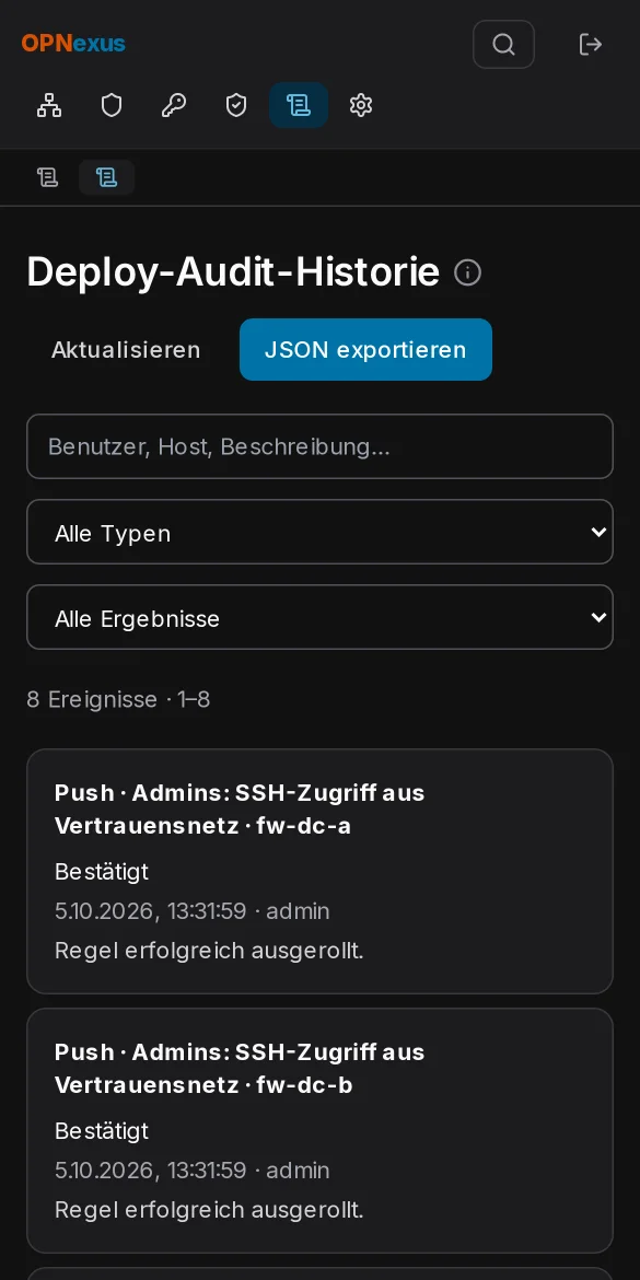 Audit-Verlauf mit Deploy-Ergebnissen