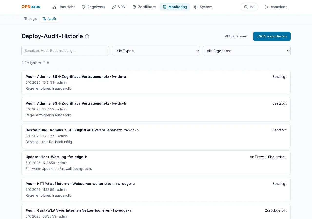 Audit-Verlauf mit Deploy-Ergebnissen