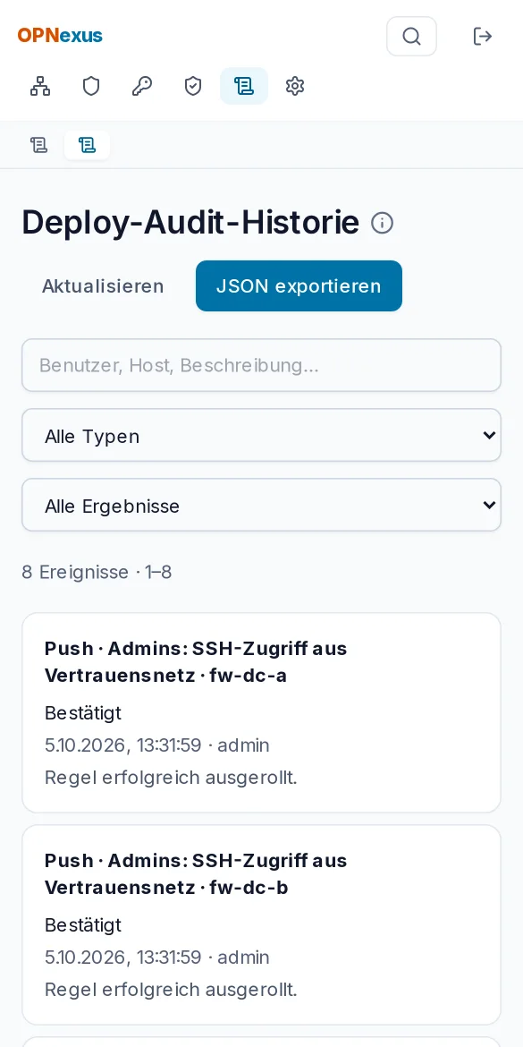 Audit-Verlauf mit Deploy-Ergebnissen