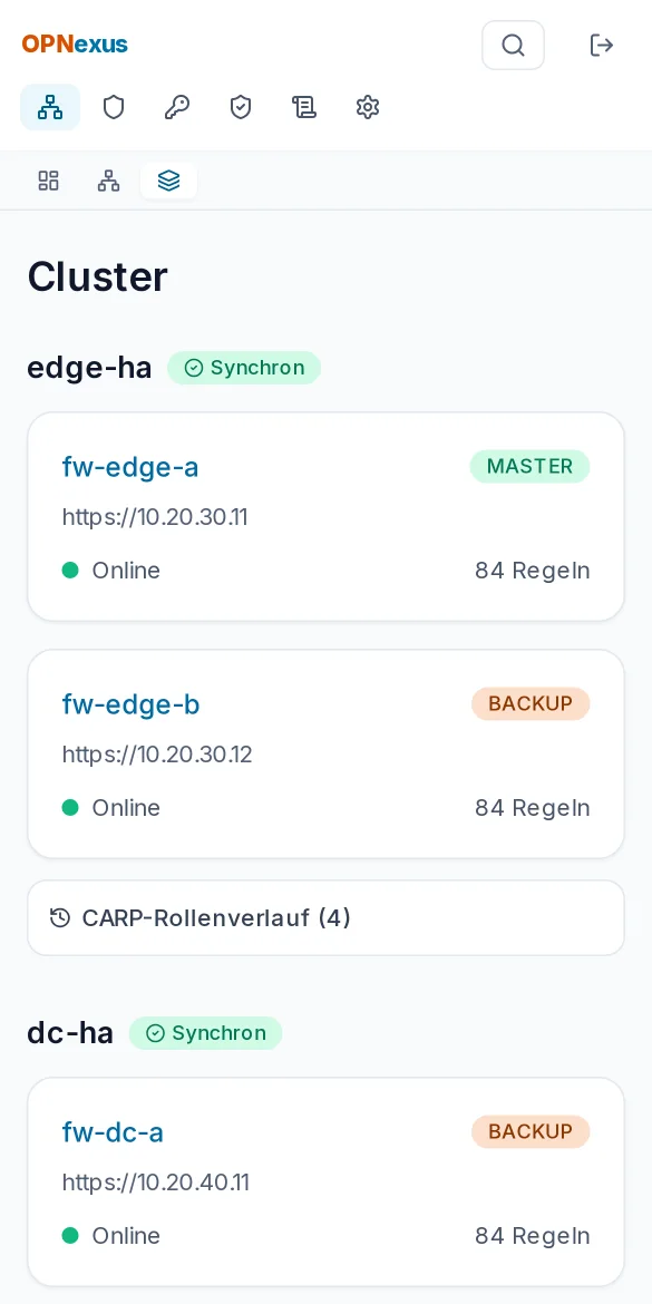 Cluster-Ansicht mit MASTER und BACKUP nebeneinander und CARP-Ereignis-Historie