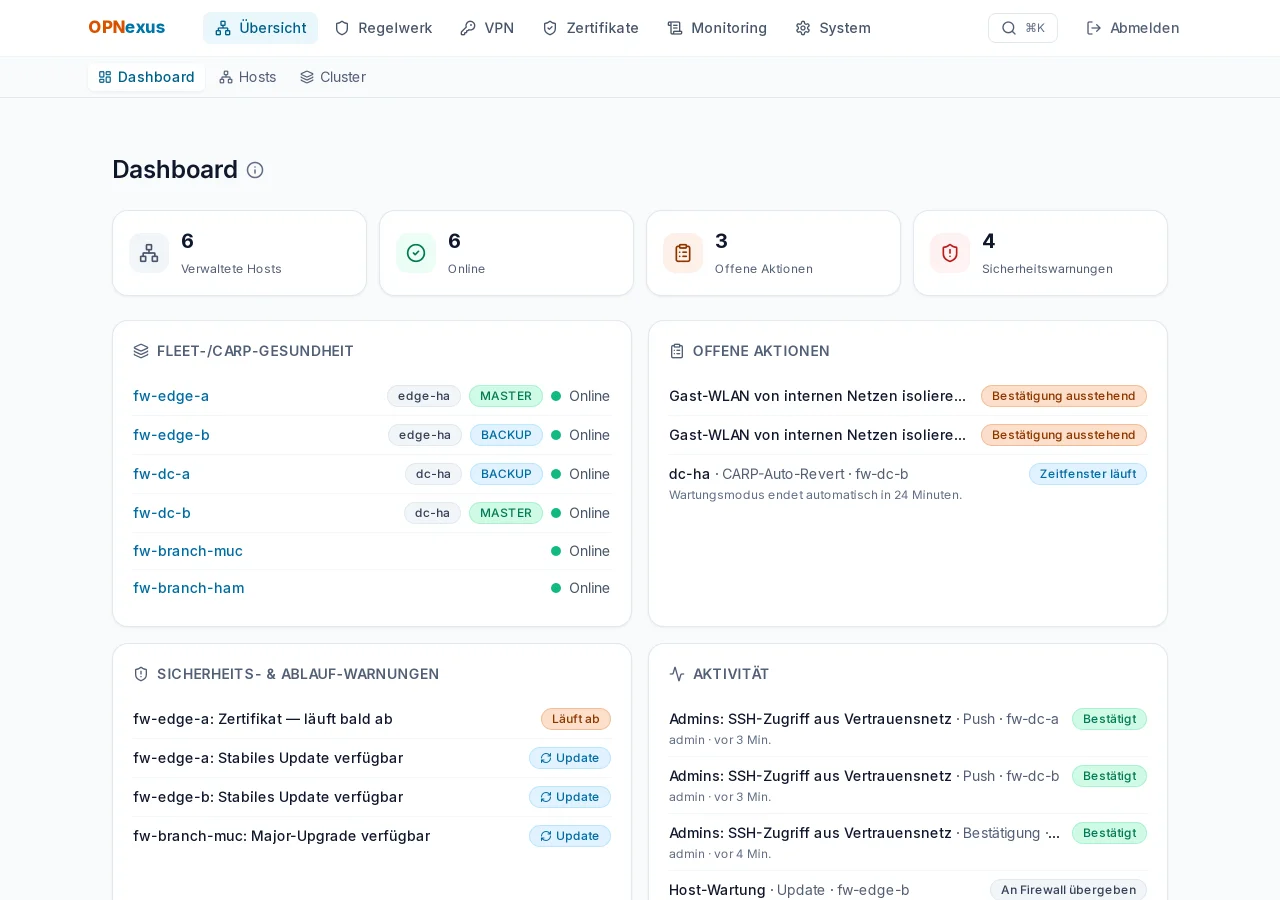 OPNexus-Dashboard mit Fleet-Status, offenen Aktionen, Warnungen und Aktivitäten