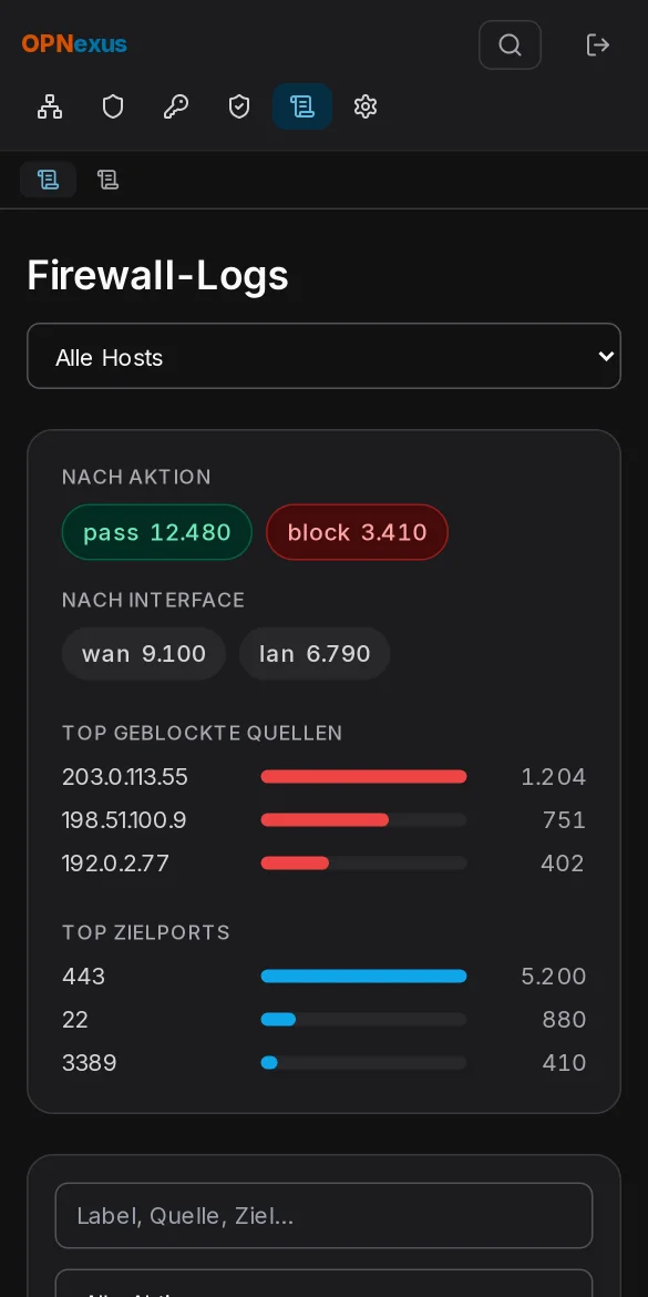 Zentrale Log-Suche mit geblockten und erlaubten Verbindungen