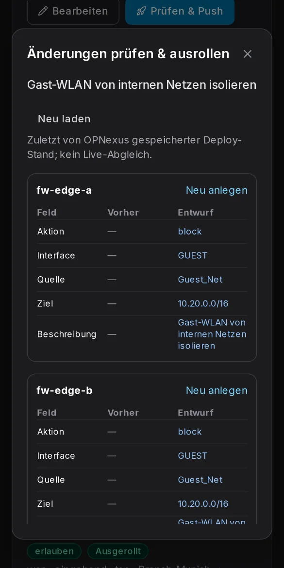 Vorschau-Dialog: pro Firewall werden die Änderungen Feld für Feld angezeigt, bevor sie ausgerollt werden