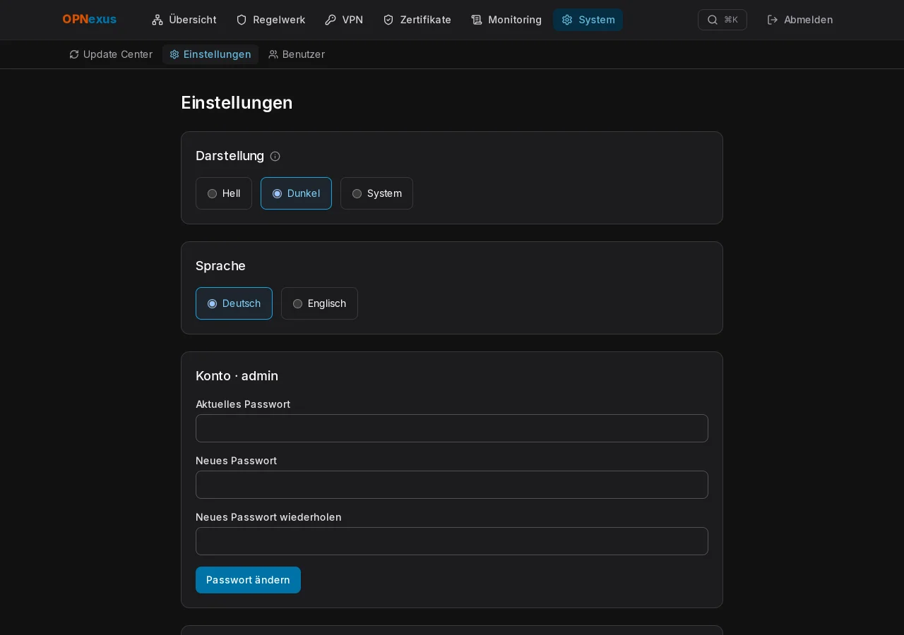 Einstellungen – Darstellung, Benachrichtigungen, Zwei-Faktor, Logs.