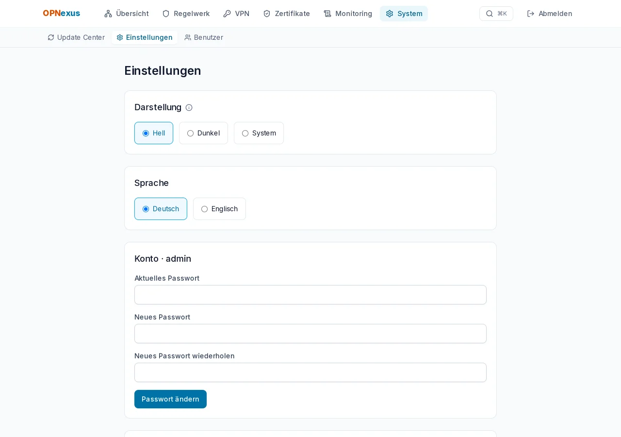 Einstellungen – Darstellung, Benachrichtigungen, Zwei-Faktor, Logs.