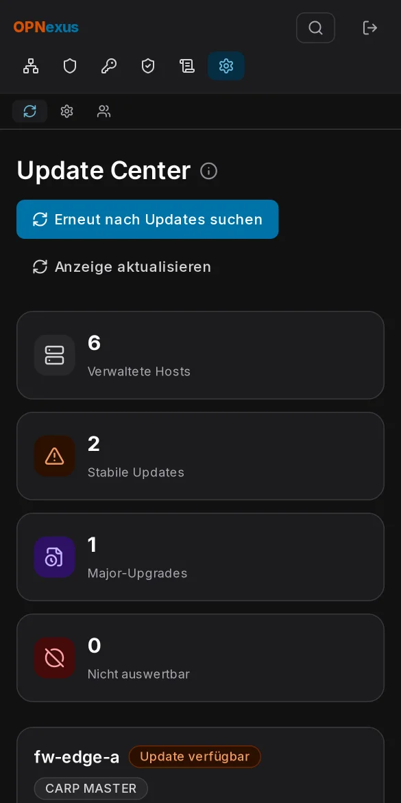 Update Center mit verfügbaren Updates, Major-Upgrade und CARP-Steuerung