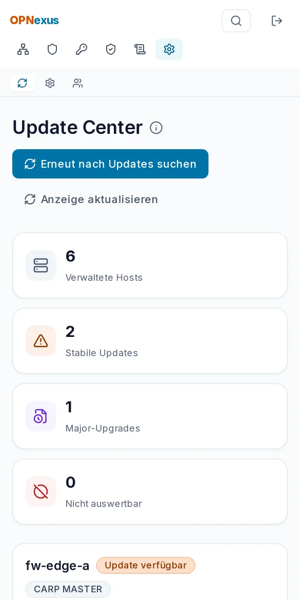 Update Center mit verfügbaren Updates, Major-Upgrade und CARP-Steuerung