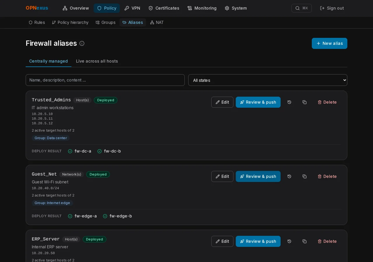 Central aliases with host, network and port objects
