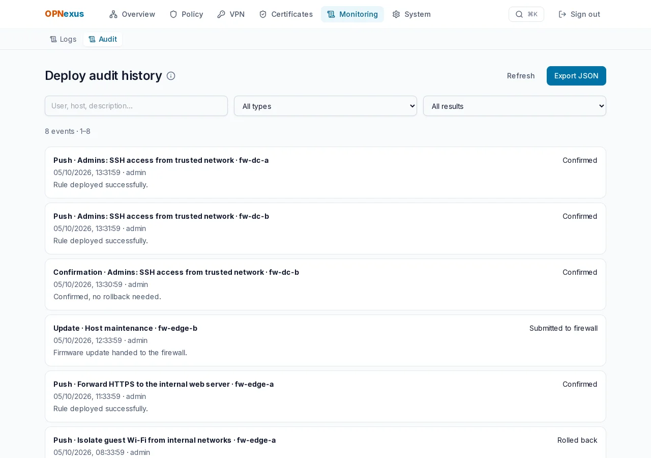 Audit history with deploy results