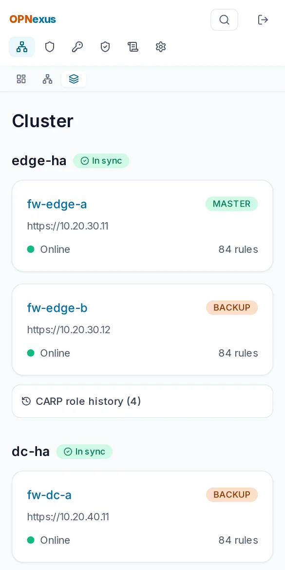 Cluster view with MASTER and BACKUP side by side and CARP event history