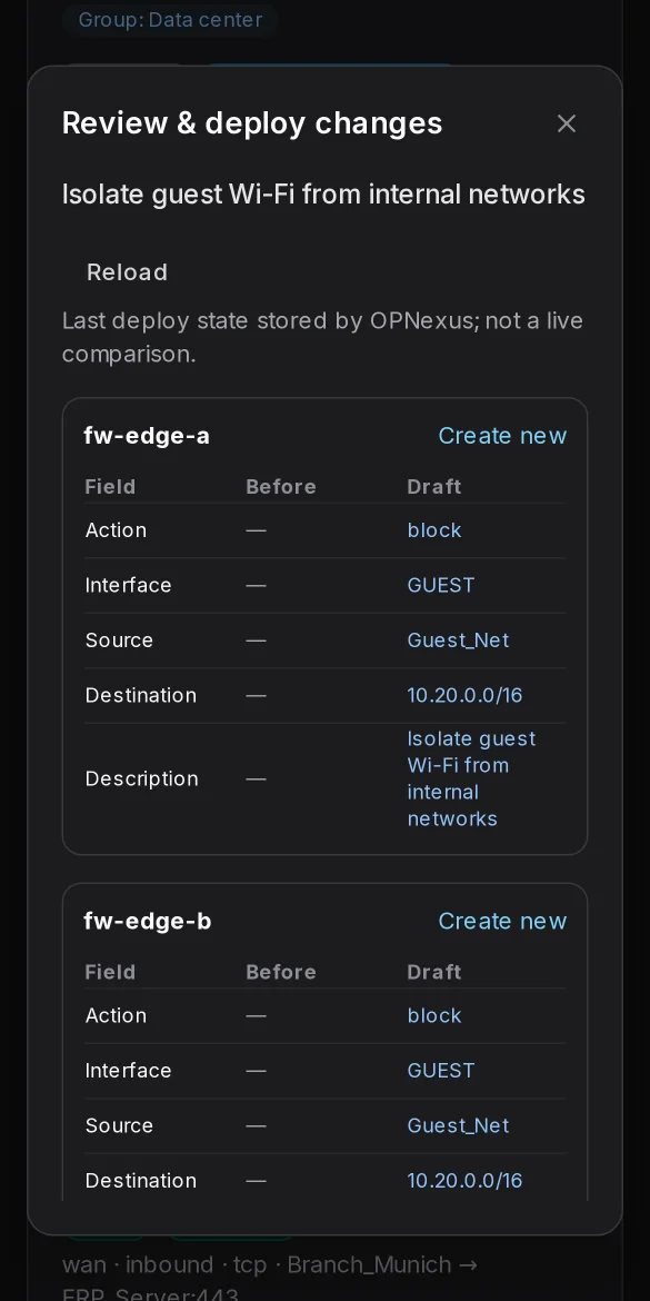 Preview dialog showing, for each firewall, the changes field by field before they are deployed