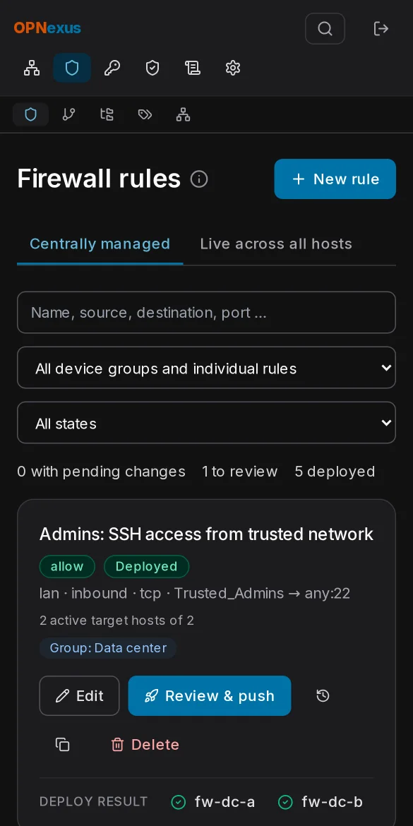 Central firewall rules with the deploy result per firewall and one rule awaiting confirmation