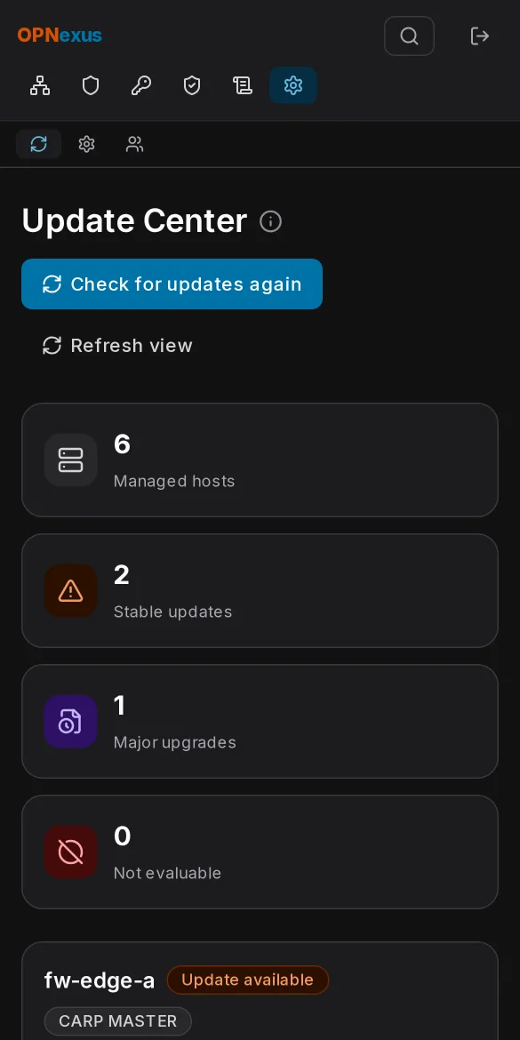 Update Center with available updates, a major upgrade and CARP control